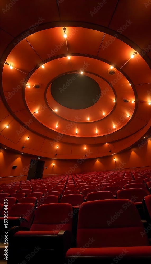 Poster generative ai empty auditorium spiral illuminated ceiling red seats