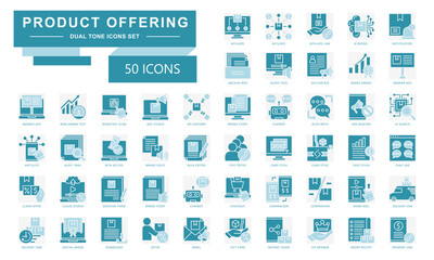 Product offering dual tone icons set. contain affiliate, ai model, notification, benchmark test, checkout, chatbot, email and more. Vector for modern concept, UI, UX, web and app development.