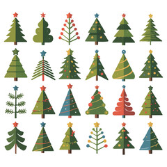 A collection of diverse stylized christmas trees with stars and ornaments on a white background