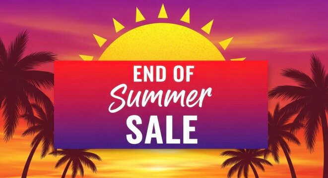 End of summer sale announcement with tropical sunset and palm trees