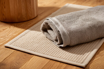 Soft gray towel rolled on a textured rug beside a wooden stool in a bright, contemporary interior