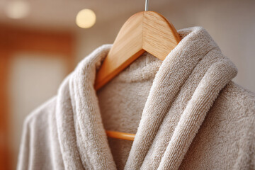Soft beige bathrobe hanging on a wooden coat hanger in a cozy indoor setting