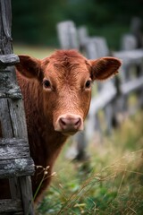 Brown cow standing gracefully beside a weathered wooden fence, grazing in a lush grassy pasture under the open sky