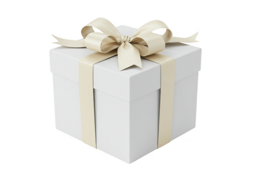 3D Rendering Of Gift Box With Cream Ribbon On Transparent Background