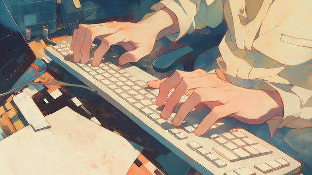 タイピングを続ける姿　オフィスワーク　テレワーク　PC作業　集中と静けさ　ビジネススタイルを抽象的に描いたイラスト素材