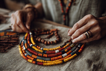 Crafting vibrant handmade jewelry with colorful beads in a cozy workshop setting