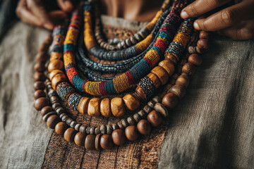 Colorful handmade necklaces displayed by artisan in a vibrant cultural setting during the afternoon