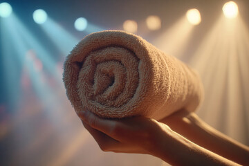 Soft towel held by hands under colorful stage lights during a performance or workout event in a warm atmosphere
