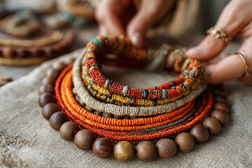 Craftsman arranging colorful handmade beaded jewelry in a vibrant market setting during the afternoon