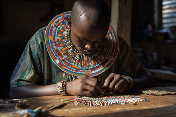 Crafting intricate beadwork in a traditional workshop during the afternoon