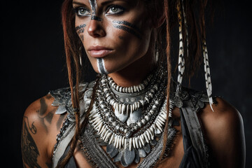 Portrait of a woman adorned with intricate tribal jewelry and body paint showcasing cultural heritage and individuality
