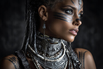 Portrait of a woman with intricate tribal makeup and jewelry showcasing cultural heritage in a dramatic light setting