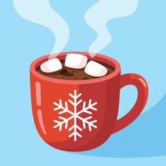 Cozy red mug with snowflake and marshmallows filled with hot chocolate