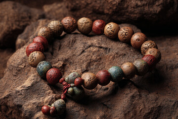 Unique handmade wooden bead bracelet displayed on textured natural stones in soft lighting