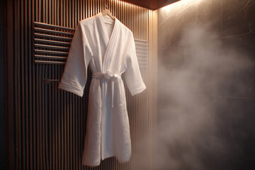 Relaxation experience in a steam room with a white robe hanging prominently in a tranquil environment