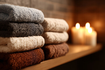 Soft towels stacked neatly on a wooden shelf beside lit candles in a serene indoor setting
