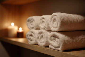 Soft towels arranged neatly on a wooden shelf beside glowing candles in a serene spa setting
