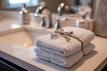 Freshly folded white towels arranged neatly on a bathroom countertop near a modern sink and stylish decor