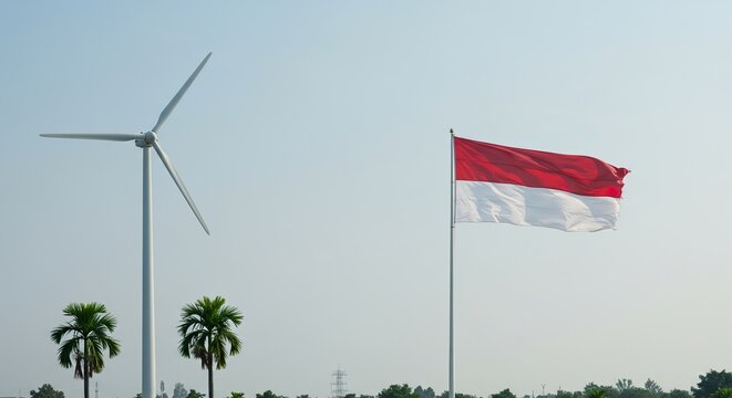 The Indonesian flag among wind turbines, symbolizing progress and renewable energy