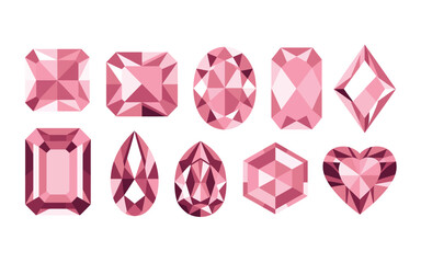 Collection of ten different pink gemstone cuts on a white background