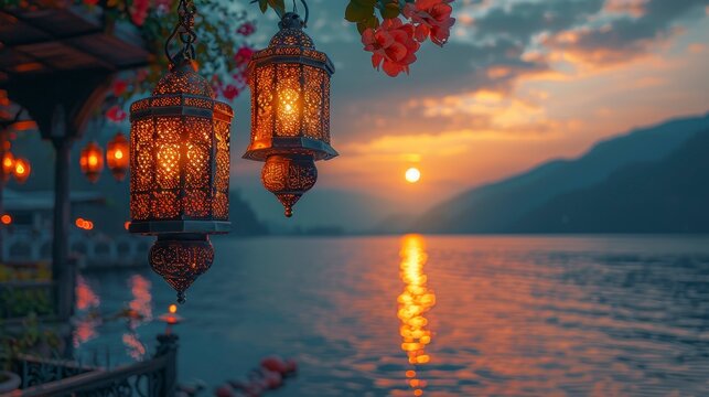 Ornate lamps glow over a lake at sunset, hills in distance, soft romantic light - Powered by Adobe