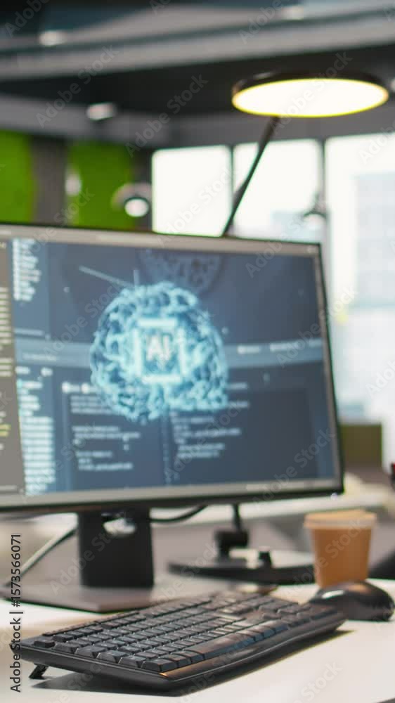 Fototapete vertical video advanced ai algorithms running on computer monitors in empty startup workspace deploy