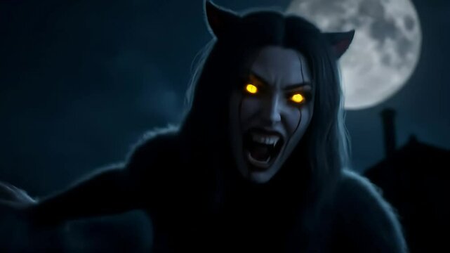Digitally Rendered Werewolf Woman Howling at Full Moon During Nighttime