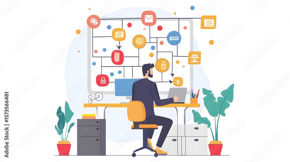 Poster man sitting at a desk working on a laptop with a diagram of interconnected digital icons and potted 
