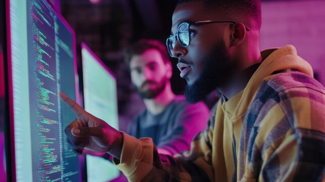 Focused software developers reviewing code on multiple monitors at night