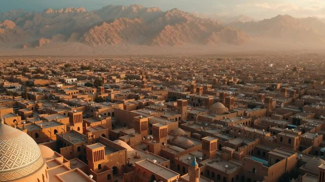 aerial view of the ancient city of Yazd with iconic windcatcher towers (badgirs), clay rooftops glowing in golden hour light, desert mountains in the distance