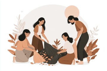 A diverse group of women sitting on the ground, participating in a plastic waste cleanup initiative. One woman is holding a plant symbolizing environmental awareness and sustainability.