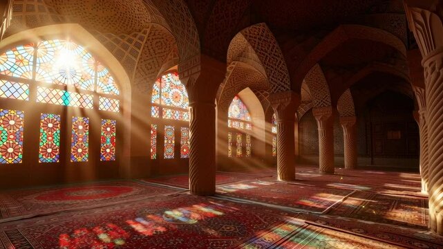 cinematic wide shot of Nasir al-Mulk Mosque in Shiraz, colorful stained glass windows casting vibrant light patterns on Persian carpets, early morning soft sunlight