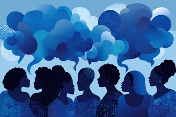 a team of women brainstorming with speech bubbles, depicted in silhouette. The women are engaged in a collaborative discussion, sharing ideas and communicating effectively.