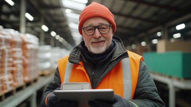 Smiling worker in warehouse, holding tablet