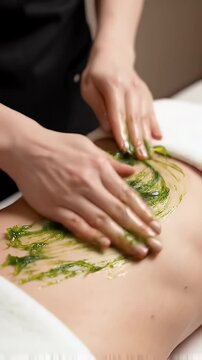 Algae Wrap Treatment in Spa Close Up of Therapist Applying Natural Algae on Woman's Stomach Relaxing and Calming Scene with Green Algae Contrasting Against Skin