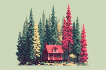 A cozy cabin nestled in the woods surrounded by tall trees, featuring a charming red roof. This tranquil scene captures the essence of nature and solitude.