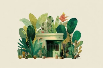 A charming green tiny house nestled in a lush garden surrounded by various plants and flowers. The flat vector art style adds a whimsical touch to this serene natural setting.