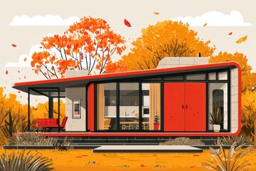 A charming red house standing alone in the middle of a vast field, surrounded by nature and tranquility. The tiny house exudes a cozy and inviting atmosphere