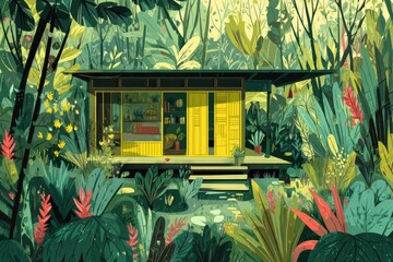 A cozy small cabin nestled in the lush green jungle, featuring a vibrant yellow door. The serene setting provides a peaceful escape into nature.