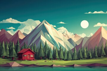 A cozy cabin nestled in the mountains overlooking a serene lake surrounded by lush green trees, perfect for a peaceful getaway in nature.