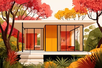 A contemporary tiny house nestled among lush green trees in a serene natural setting, rendered in a flat vector art style.