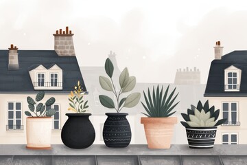 A flat vector illustration showing a row of potted plants on rooftop gardens, representing urban gardening.