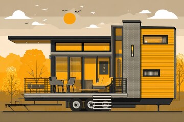 This illustration features a yellow and black truck with a small house on the back, set in a natural landscape. The flat vector art style adds a modern touch to this rural scene.