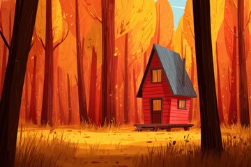 A cozy red cabin nestled in the serene woods, surrounded by tall trees and lush greenery.