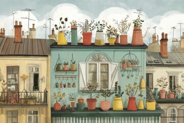A colorful painting depicting a charming balcony adorned with various pots filled with lush plants, creating a cozy urban gardening oasis on rooftops.