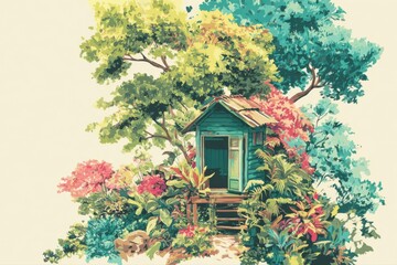 This illustration depicts a charming tree house nestled among vibrant flowers in a serene natural setting. The flat vector art style adds a whimsical touch to the scene.