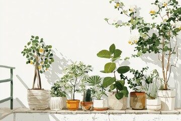 A modern urban rooftop garden featuring a table adorned with potted plants and a chair, creating a peaceful and green oasis in the city.