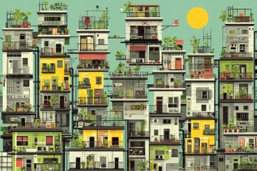 A bustling urban landscape with a variety of buildings, where plants are thriving on rooftop gardens and bales of hay.