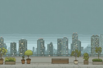  features a cityscape with a bench and potted plants, creating a tranquil urban oasis. The scene showcases a blend of nature and city living, perfect for illustrating urban gardening or relaxation