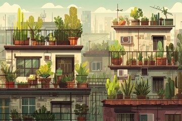 A cityscape featuring rooftop urban gardening with various plants growing on the building's rooftop bales, adding a touch of greenery to the urban landscape.